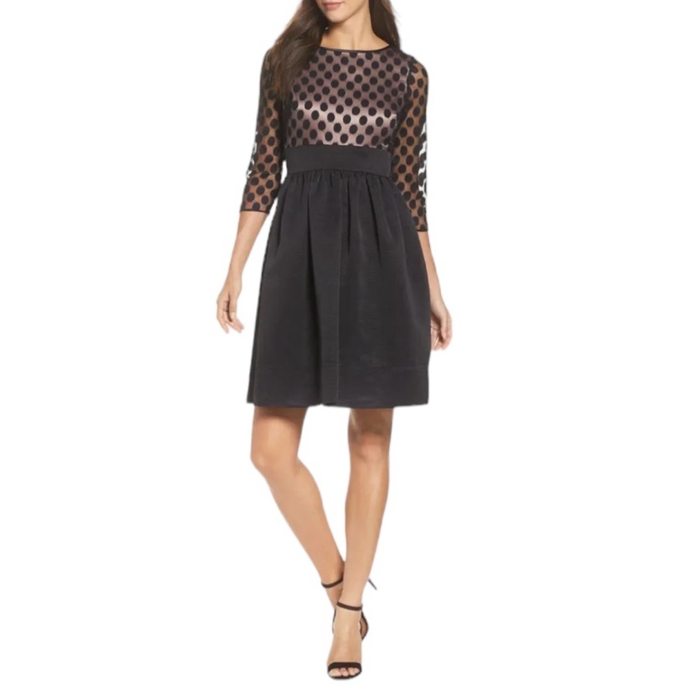 Eliza J Women’s Dot Mesh‎ Bodice Fit And Flare Dress Black Cocktail Dress Sz 16